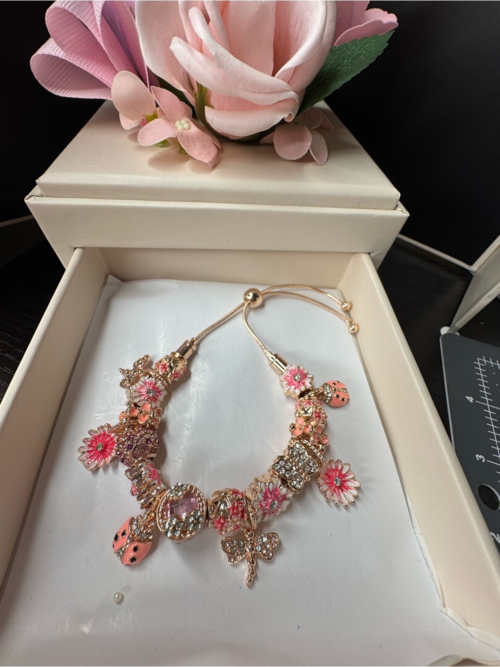 Rose Gold Pink Floral Charm Bracelet with Crystal Accents